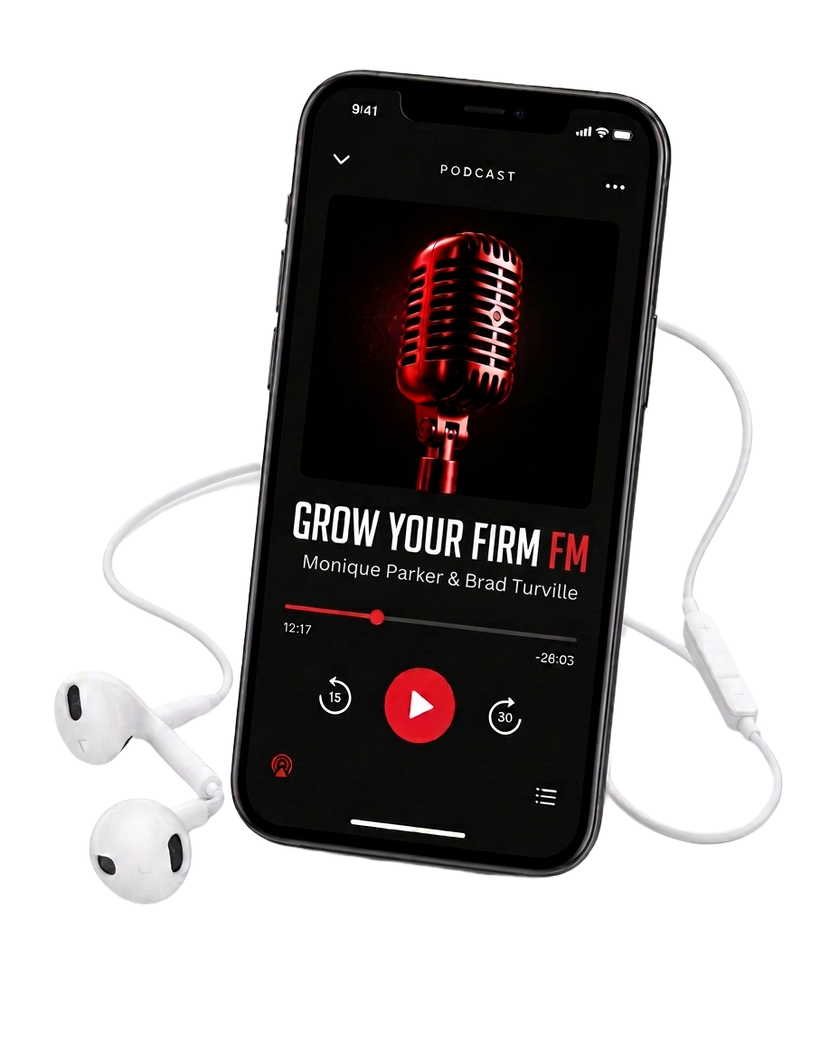 A phone playing a Accounting Growth FM episode, white earphones looped beside it